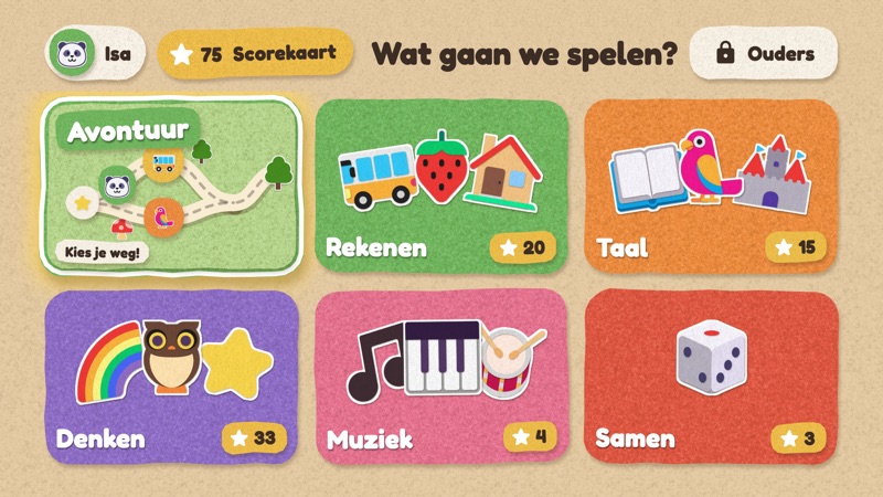 Het startscherm op de tv: alle spellen in een rij per groep